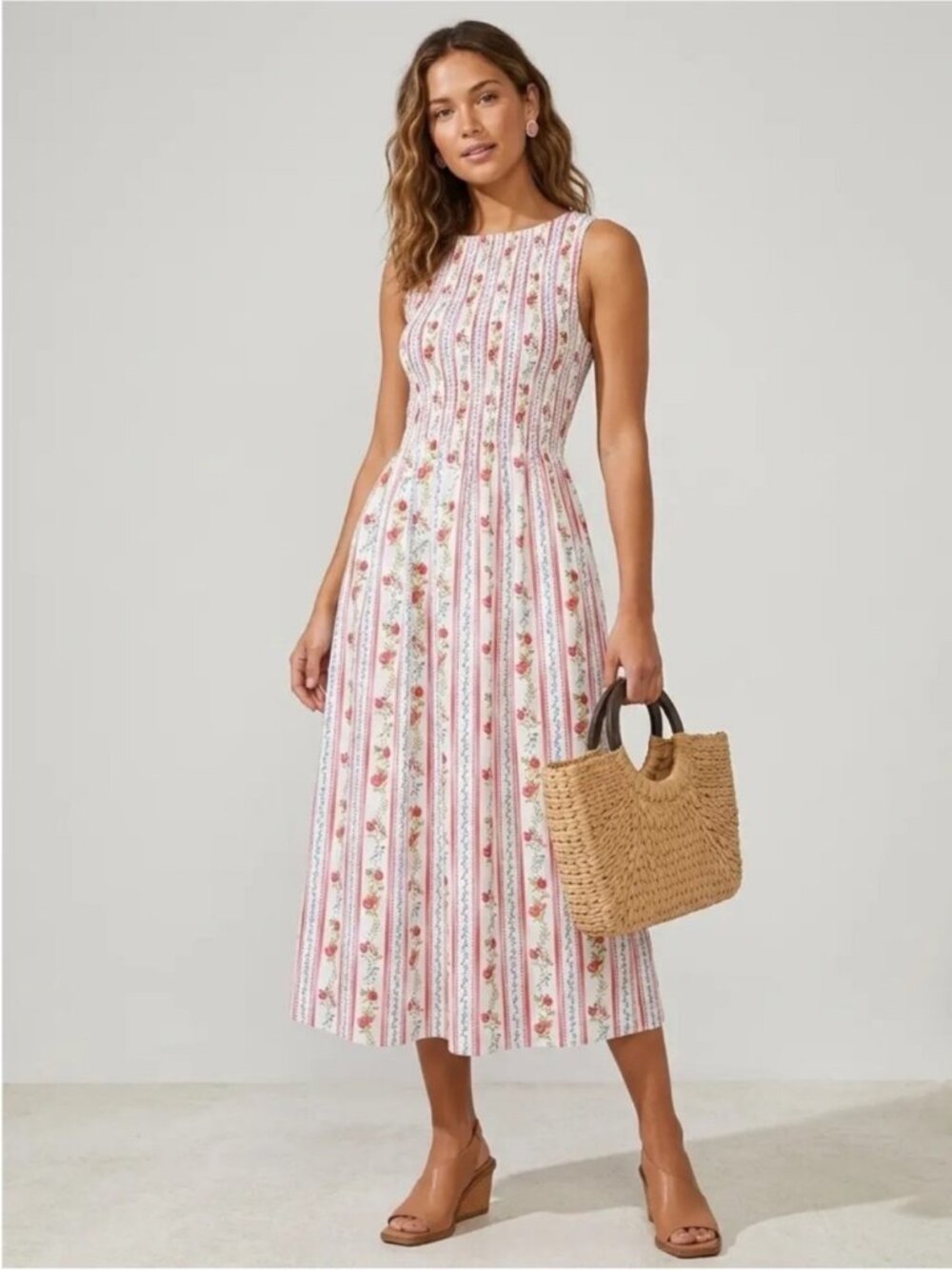 Caroline Constas Pomegranate Smocked Cotton Midi Dress Summer Cottagecore Size S